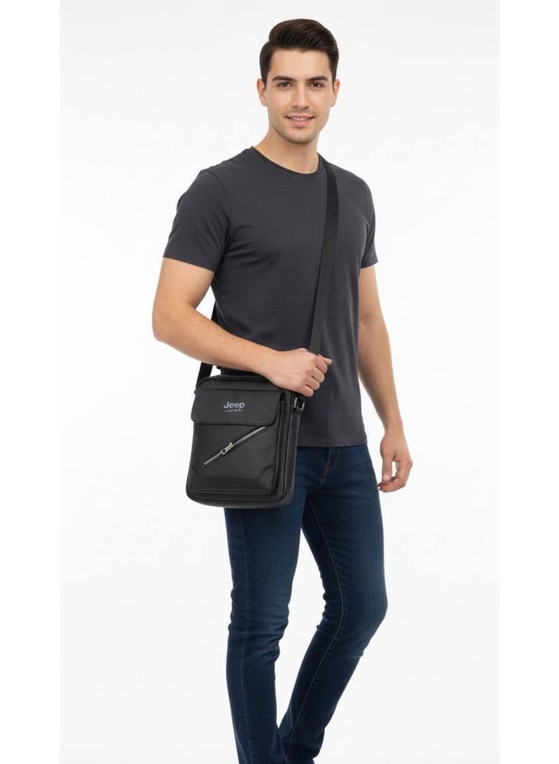 Jeep Men’s Black Leather Crossbody Bag with Diagonal Zipper Pocket - Image 2